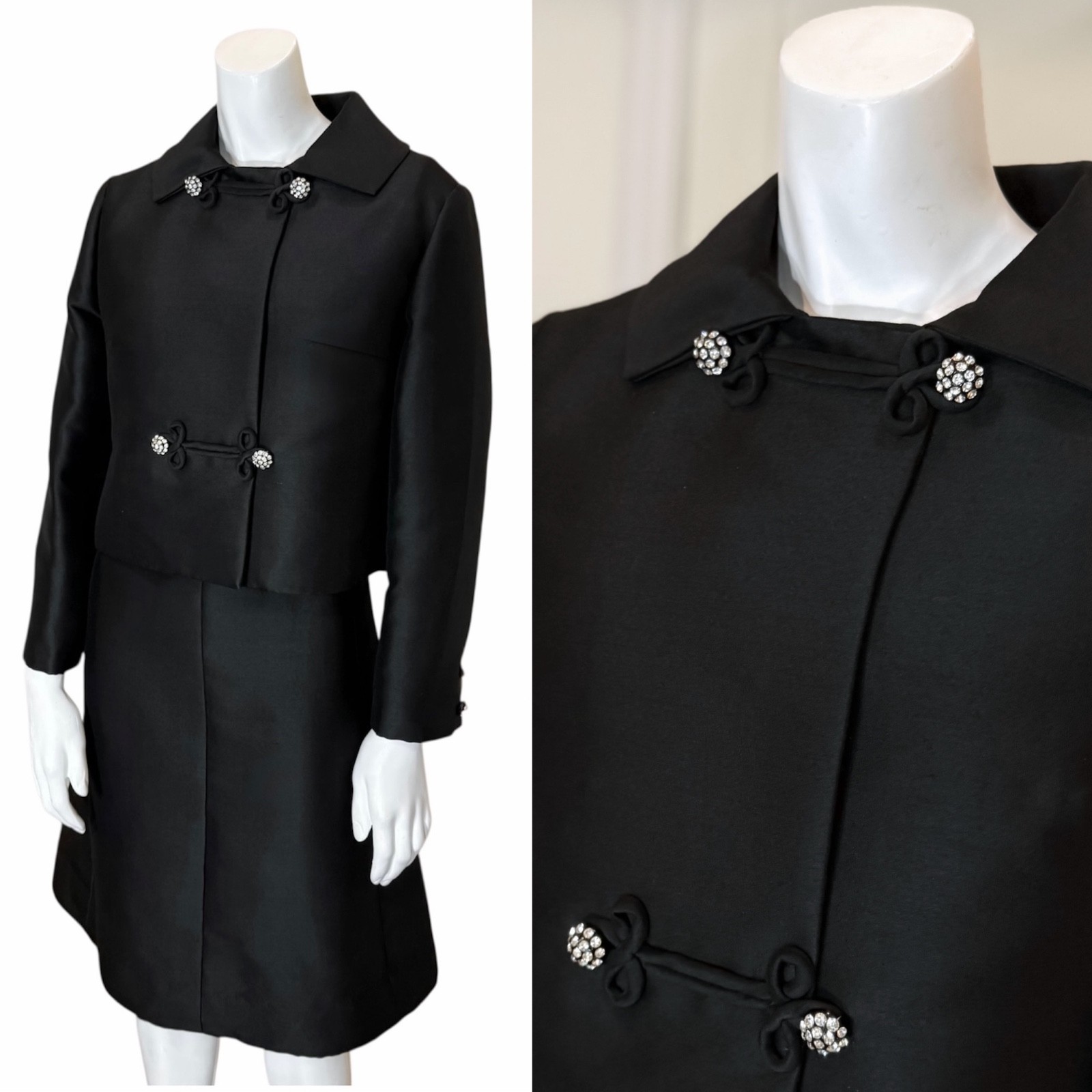 Vintage 60&rsquo;s RHINESTONE ASIAN JACKET x DRESS SET M MCM Retro Black Office Suit