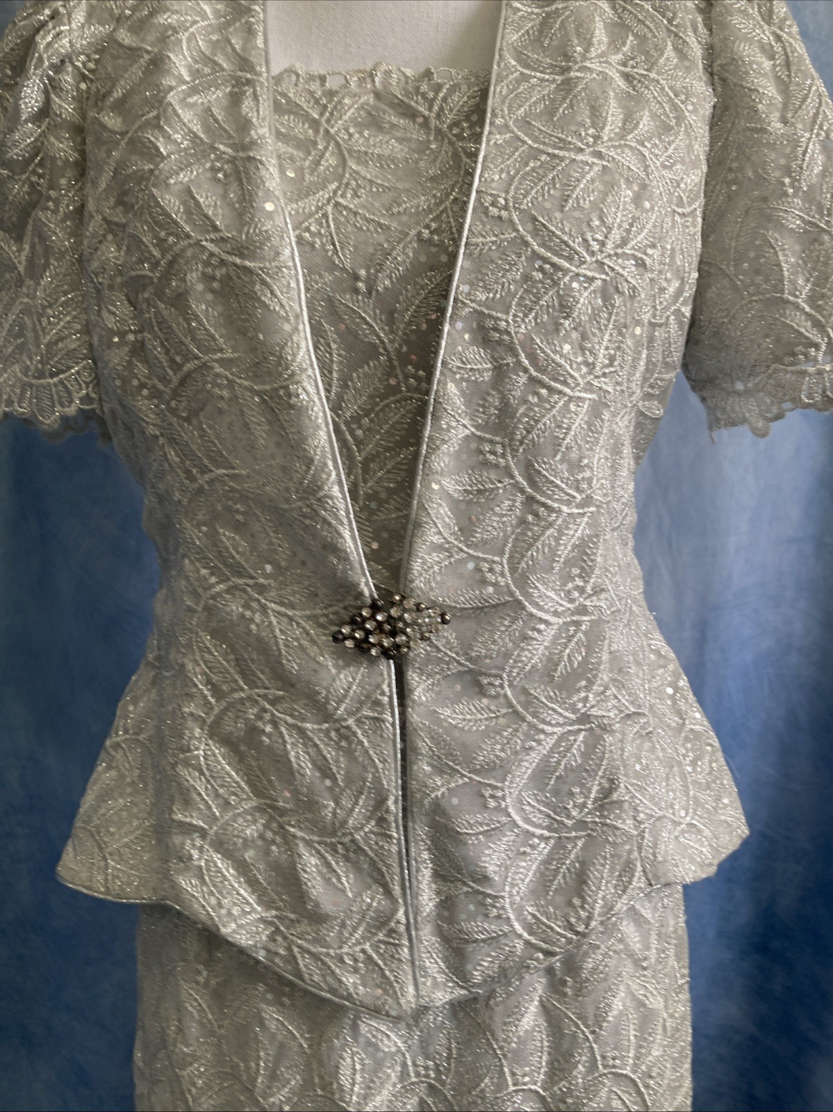VTG 80s ASPEED USA Silver Lace Dress Jacket Set 2pc Formal Gown Prom Wedding Med