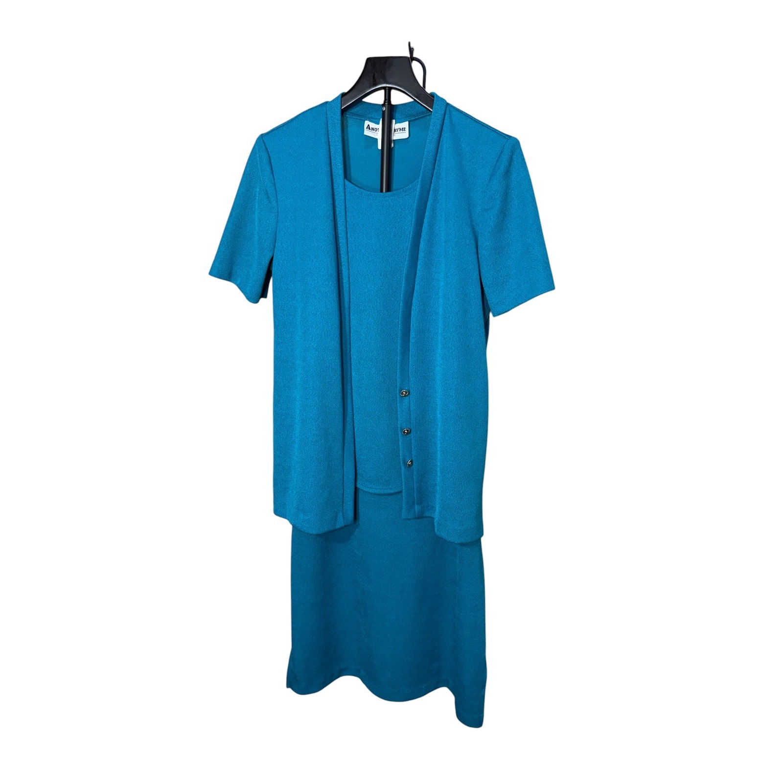 Another Thyme Vintage 2pc Skirt Suit Set Teal Blue Size 10 Made in USA Cardigan