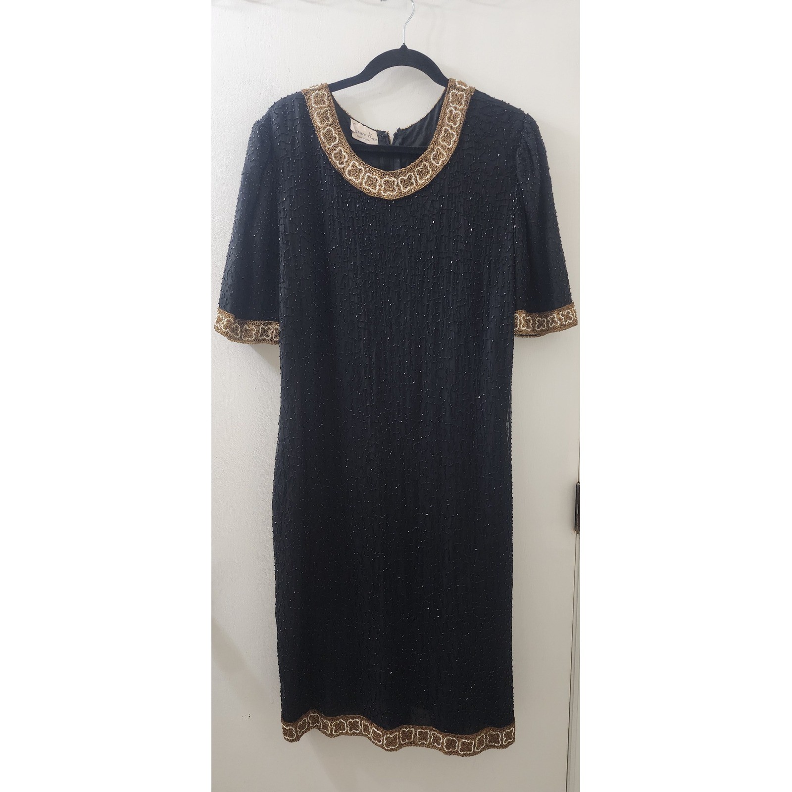 Laurence Kazar New York Vintage Beaded Silk Dress Black Gold Pearl Evening Gown