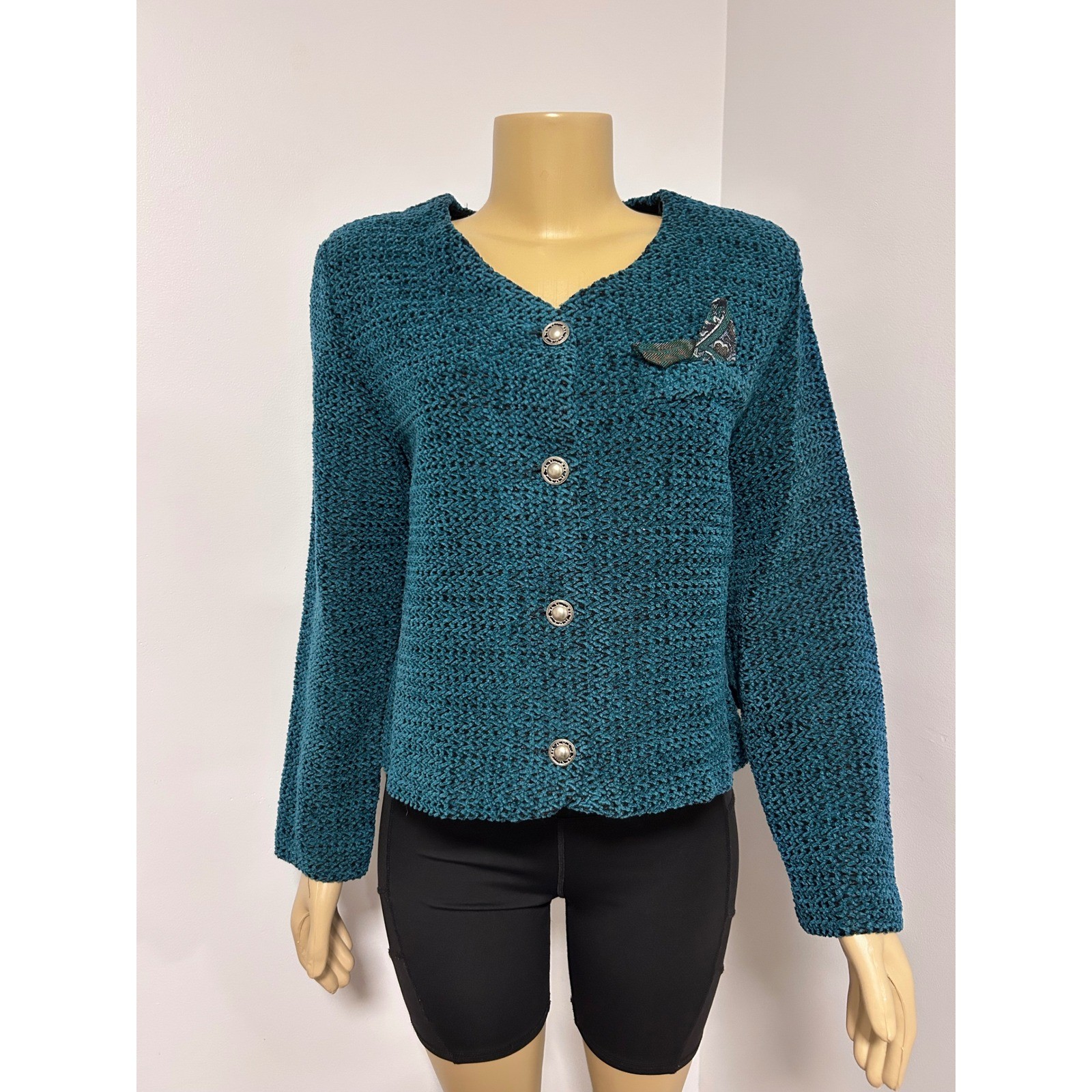 Melissa Kay Vintage Teal Blue Textured Knit Button Front Jacket 60842 Size 12