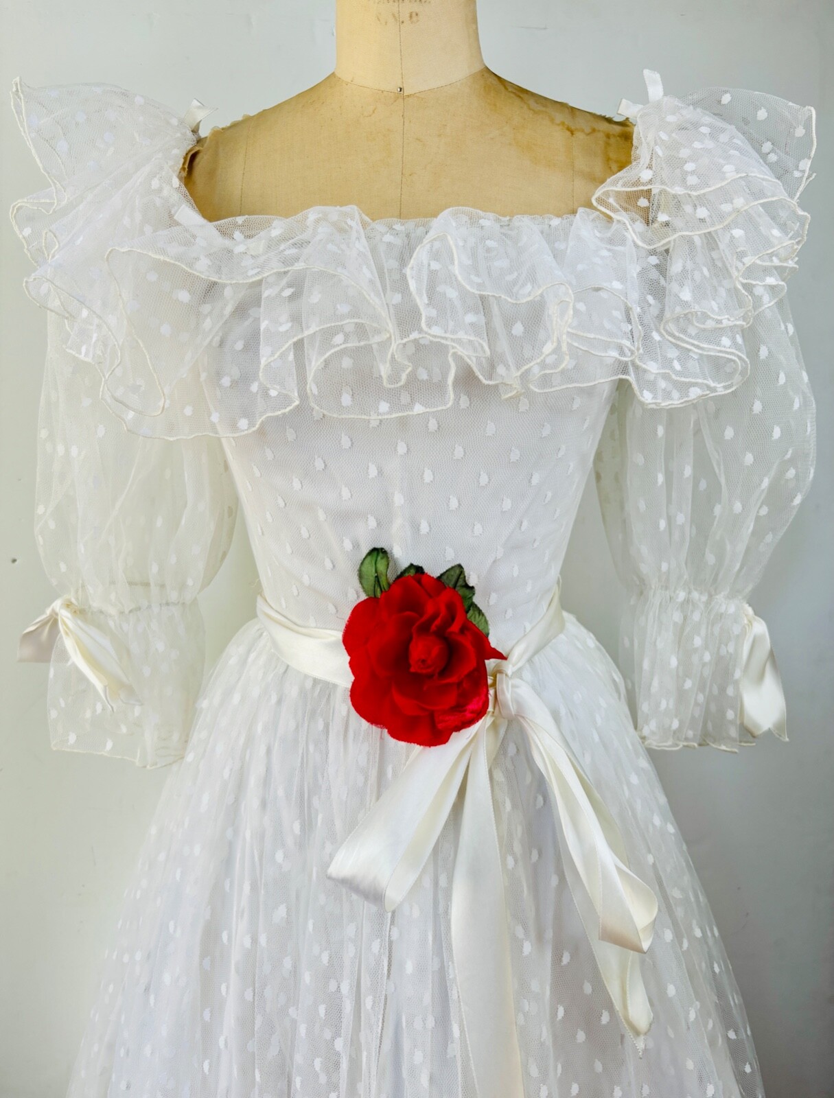 VTG 80s WHITE POLKA DOT TULLE RUFFLE BOW COQUETTE WHITE GOWN PRINCESS DRESS*XS/S