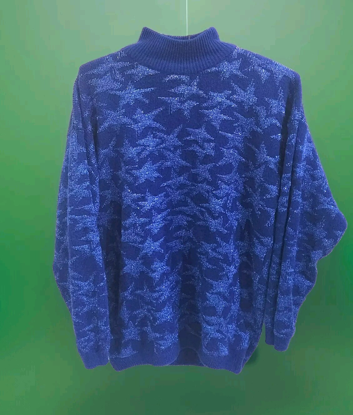 VTG y2k Women&rsquo;s Blue Super Star Metallic Sparkle Knit Sweater L collar tunic