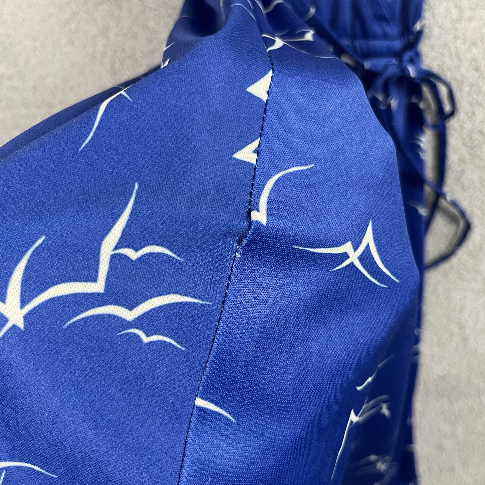 Vintage 70s Dress Womens Small Blue Seaside Seagulls All Over Print Tie Shoulder