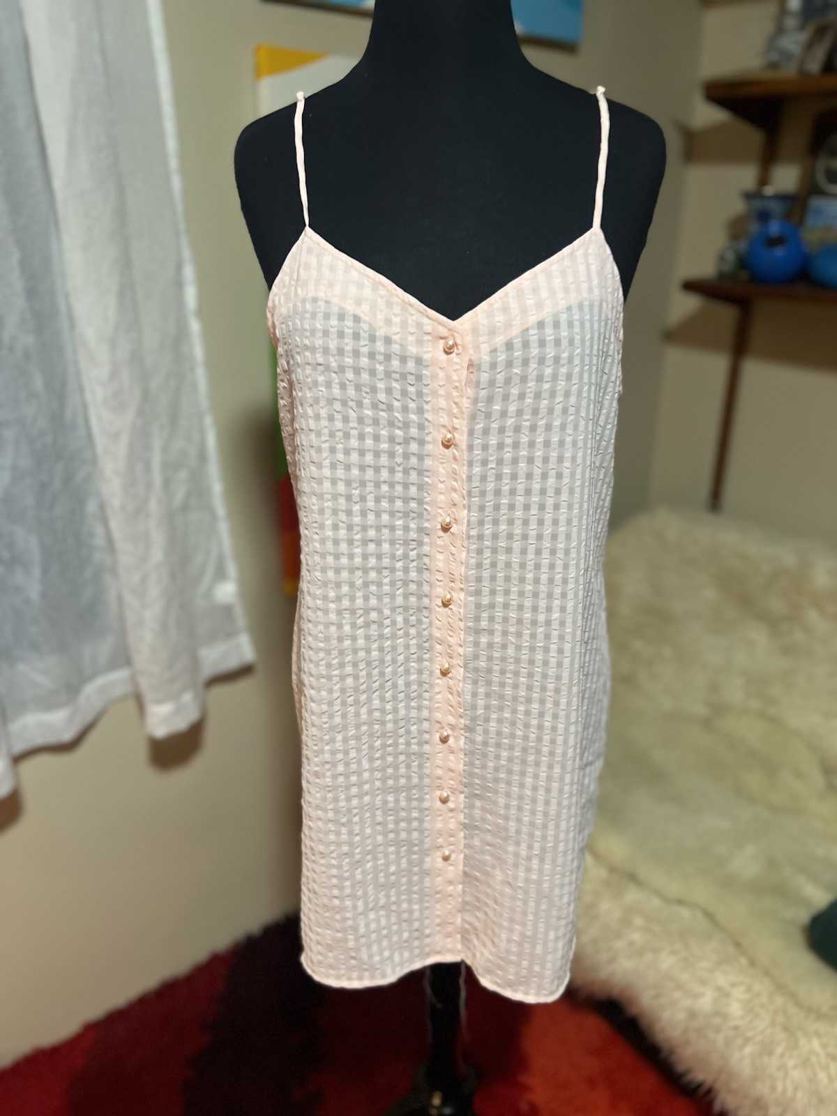 Vtg Y2K Preview Nightgown Slip Dress Pink Sheer Lingerie Medium Button Up