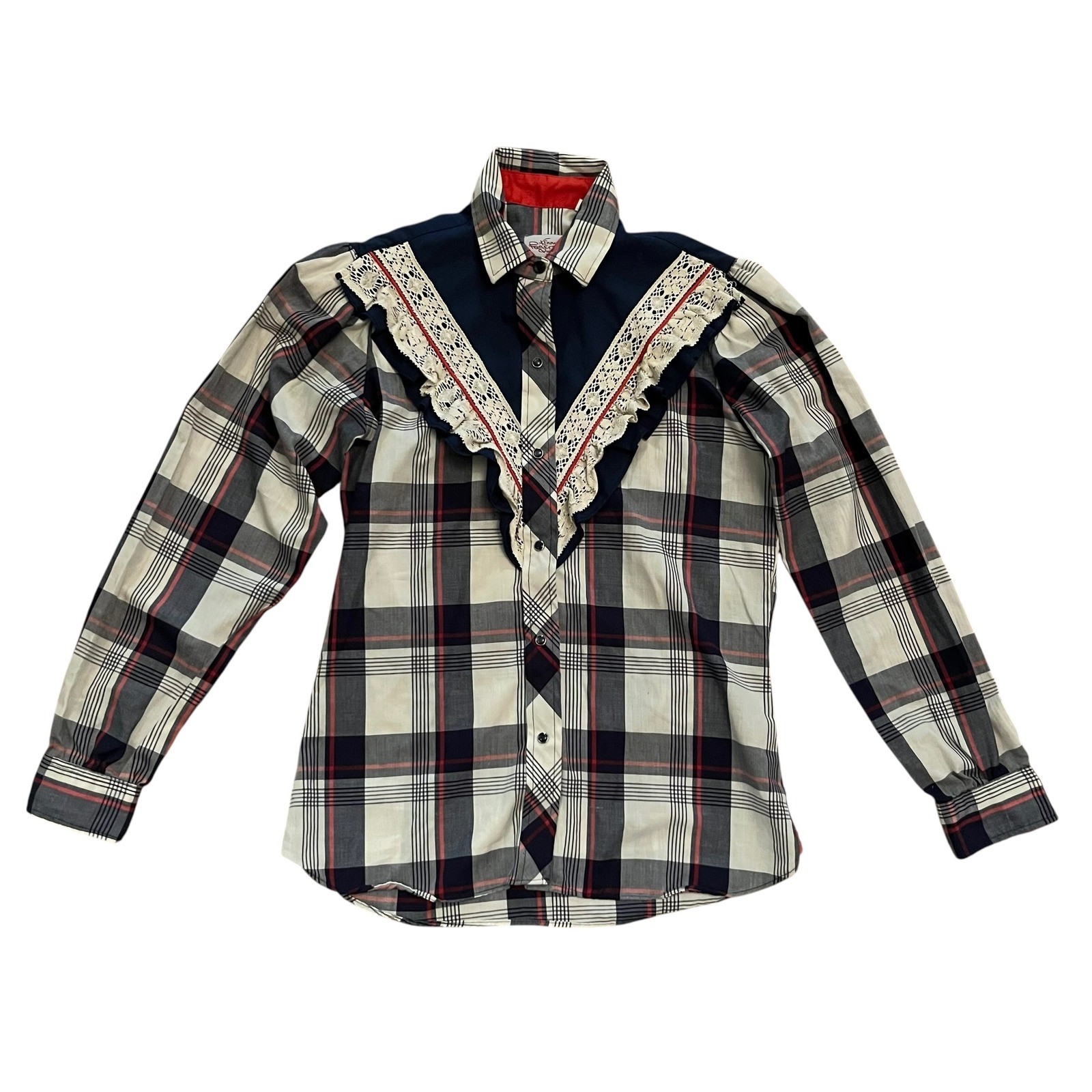Kenny Rogers Western Collection Karman Plaid Lace Trim Pearl Snap Shirt Vintage