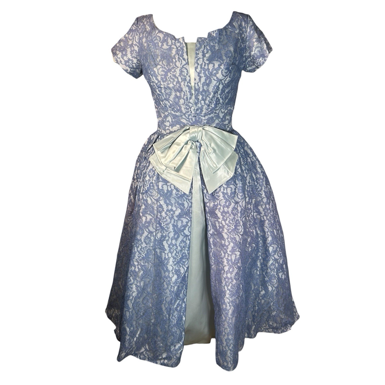 VTG 50s Blue Lace Fit & Flare Party Cocktail Dress Tea Length Bow Womens Sz XS/S
