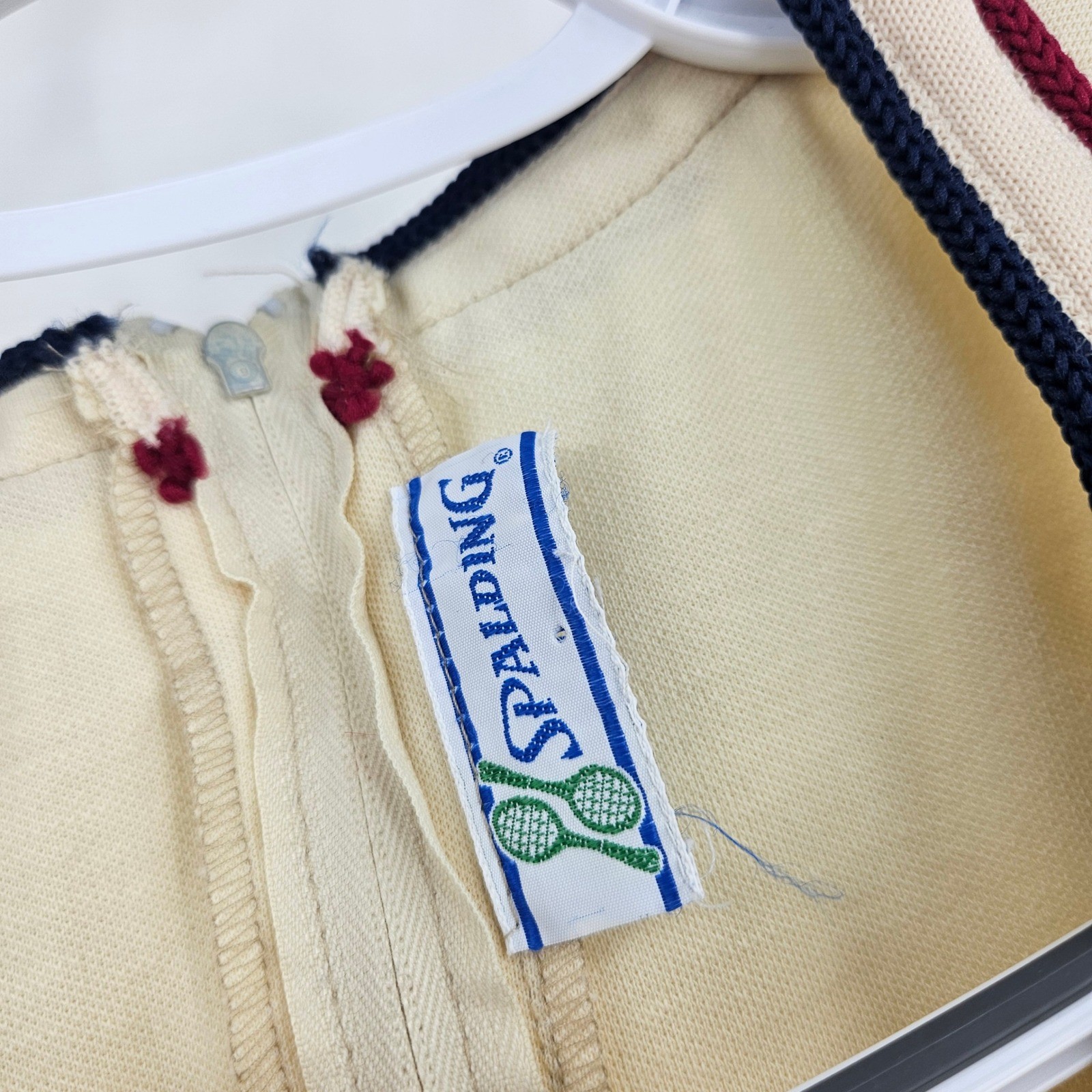 Vintage Spalding Tennis Dress Cream Yellow Striped Trim V-Neck Mini 70s Preppy S