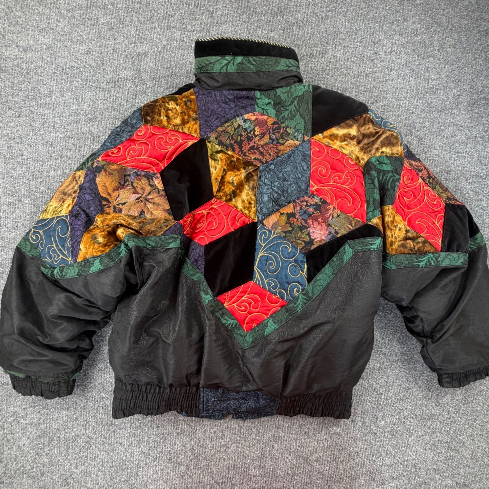 Vintage Pizazz Duvet Down Puffer Jacket XS Patchwork Velvet Brocade 80s 9682