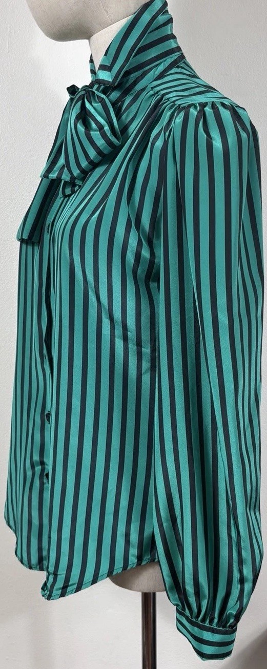 Vintage Pussy Bow Scarf Blouse Button Up Women&rsquo;s 8 Striped Green Made In USA