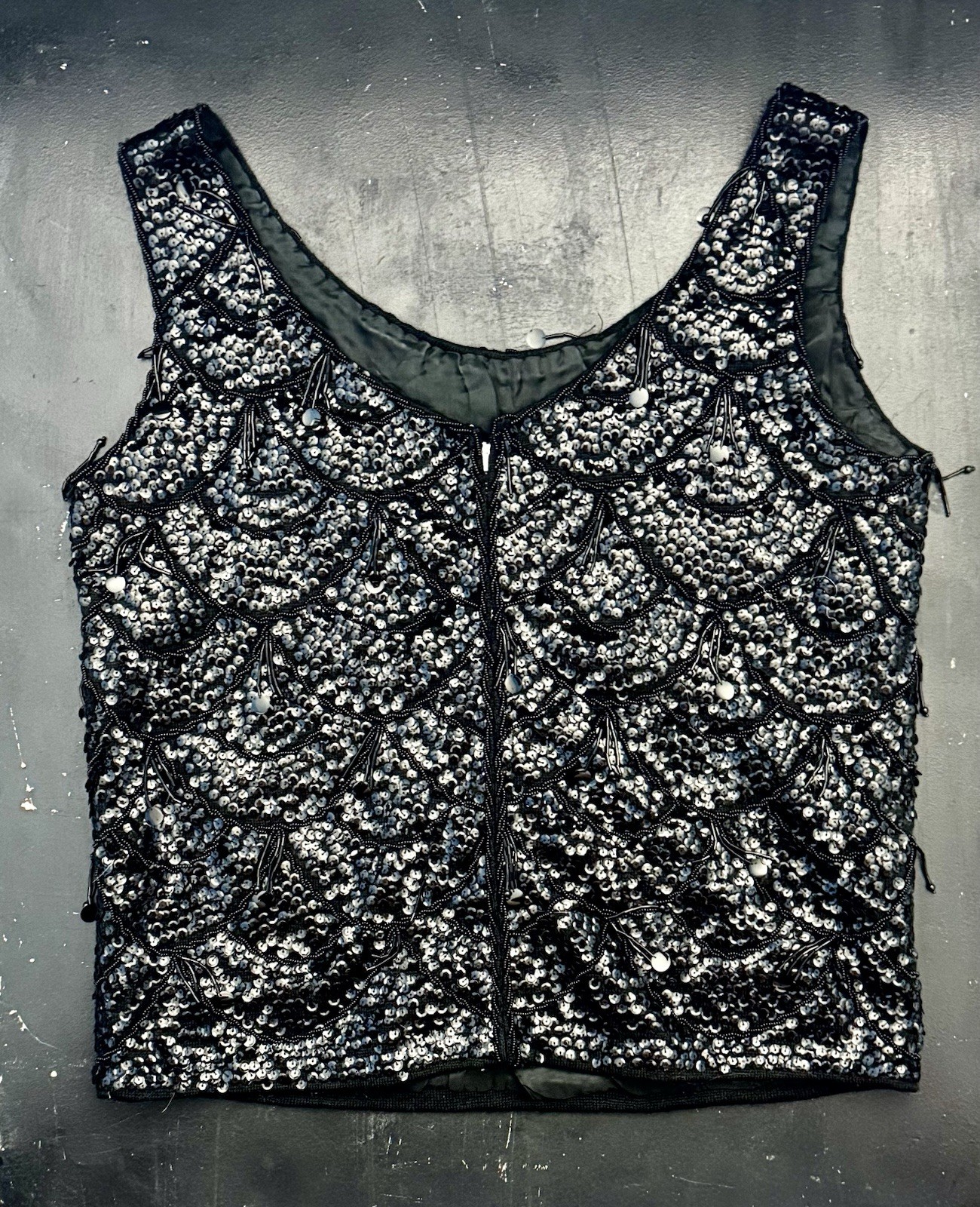 Vintage 1960s Black Beaded Sequin Top – Scalloped Fringe Cocktail Blouse