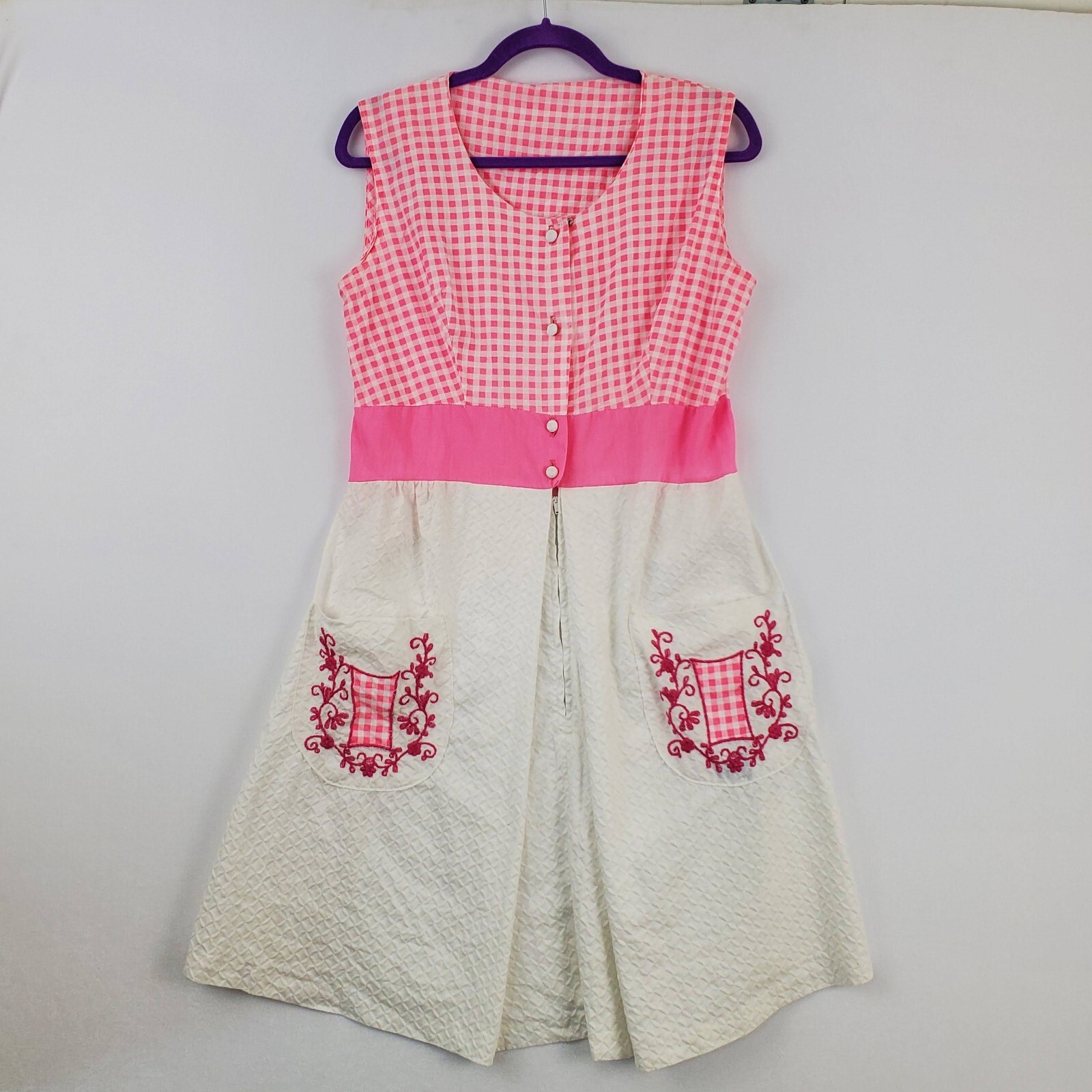 Vtg BarbieCore Pink White Gingham Cottage 60&rsquo;s Mini Tank Dress Embroidered S/M
