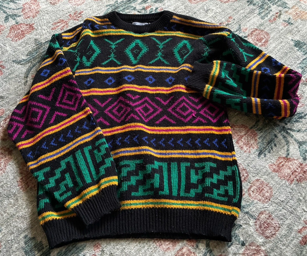 Le Tigre M Geometric Sweater Neon 80s 90s Black Colorblock Retro Ski Cozy
