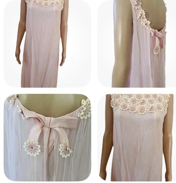 VTG 60s Nadine Pink Chiffon Daisy Floral Lace Dual Layer Summer Maxi Dress S/M**