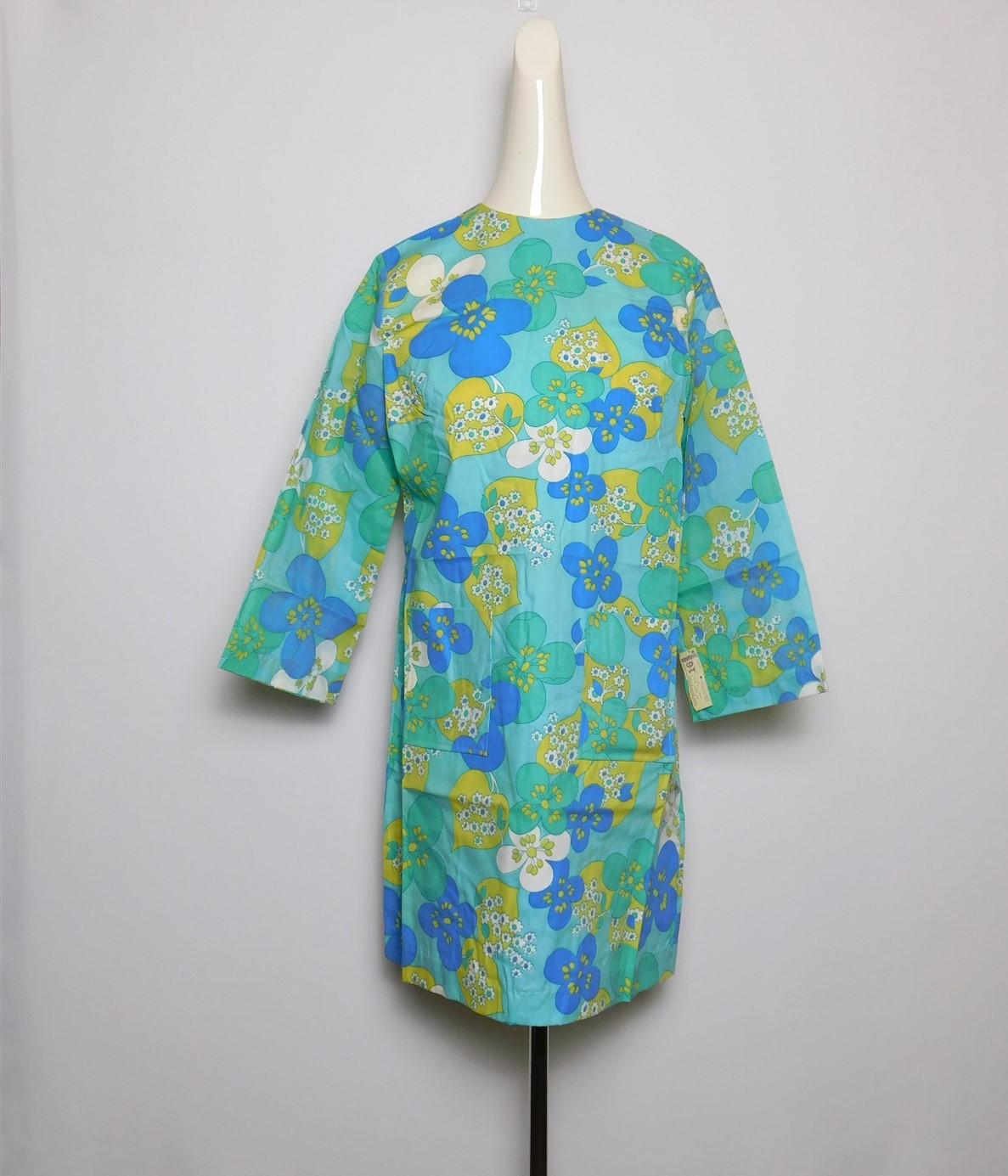 NOS Vtg EJ Korvette 1960s Blue Green Floral Cotton Blend Shift Dress 15/16 NWT