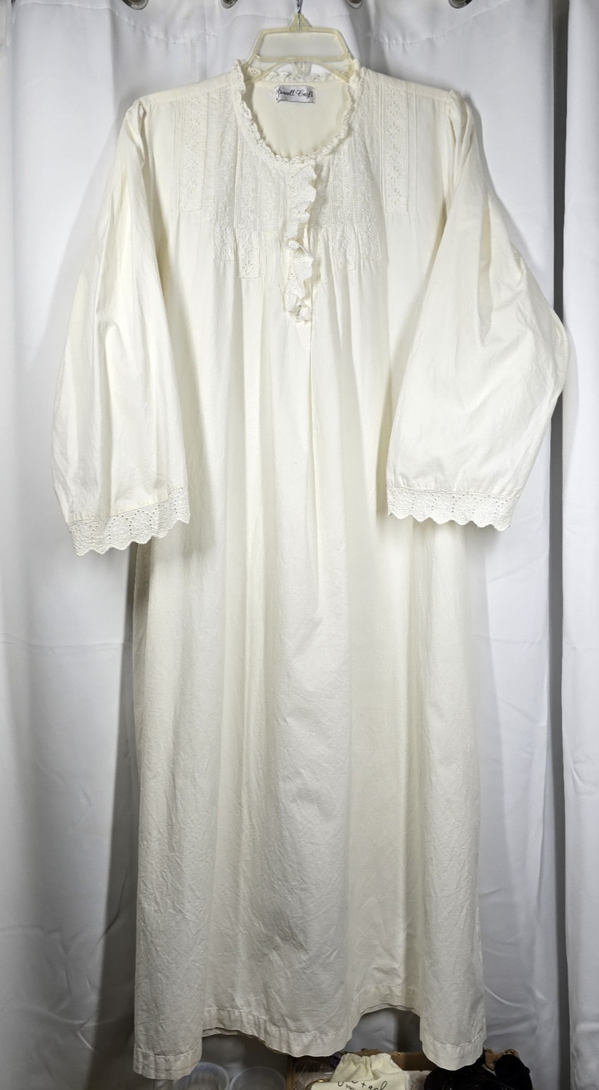 Powell Craft Nightdress Vtg Victorian Ivory Eyelet Lace Bib Trim 100% Cotton OS