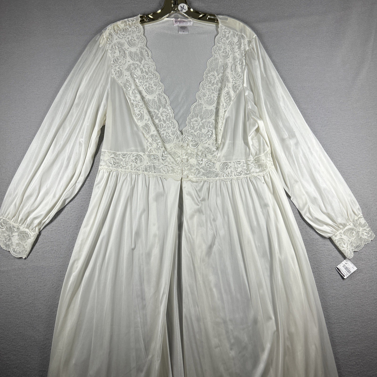 Shadowline Nightgown Lace Bodice Maxi Women&rsquo;s 1X Longsleeve 56” Long White