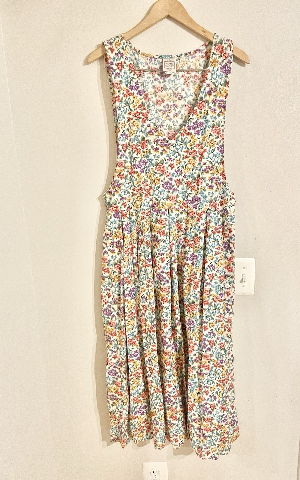 Vtg Pam&rsquo;s Closet 80s Floral Pleated Jumper Dress Pockets CottageCore Sz M USA