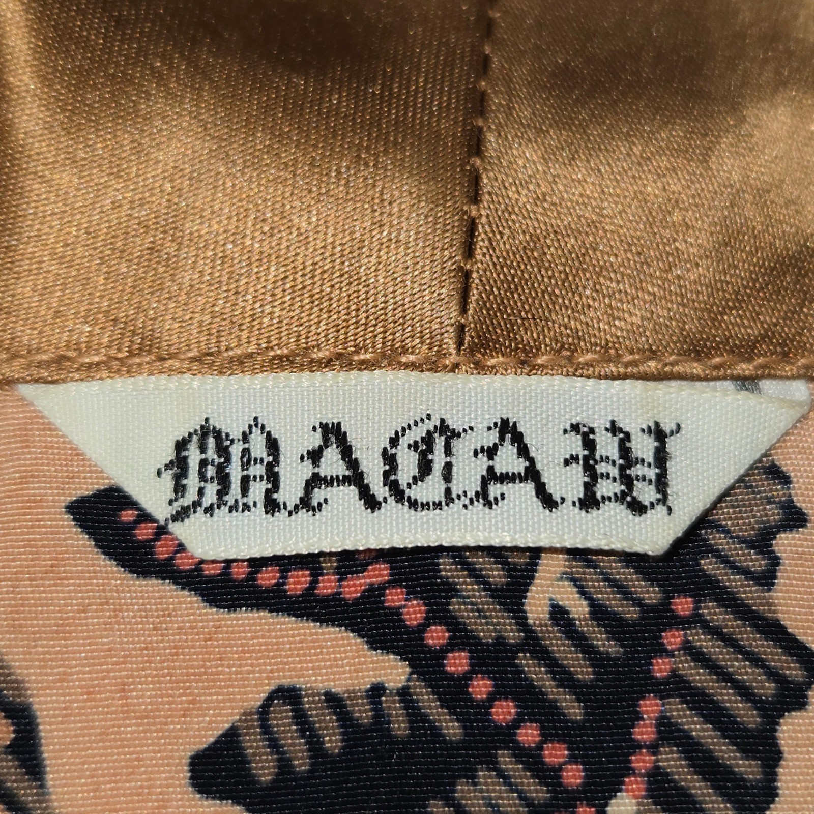 Vintage Macaw Womens Leaf Print Blouse Asymmetrical Satin Collar Brown Copper