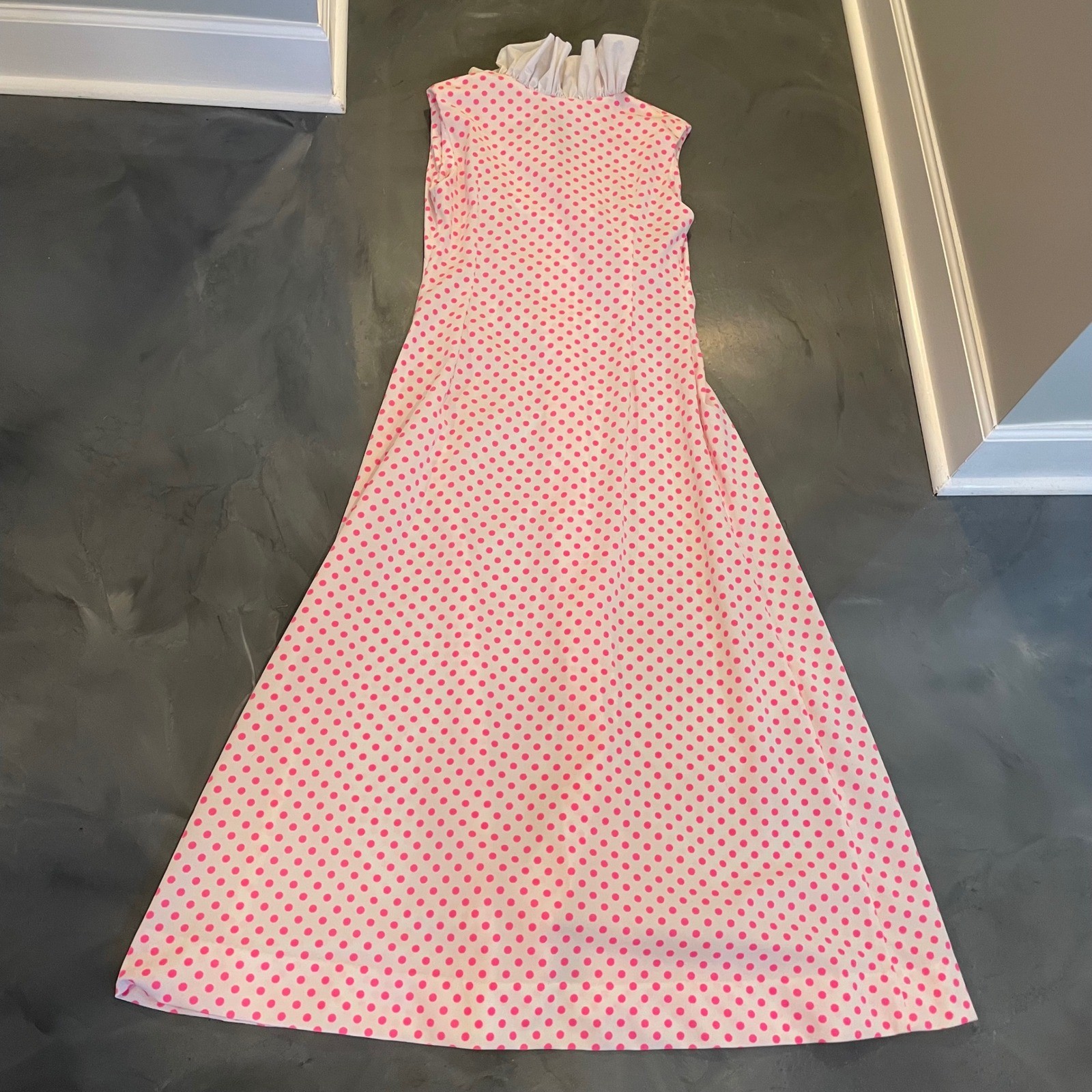 VTG Marcelle McCarthy Miami Pink Polka Dot Ruffle Collar Maxi Dress Womens M 60s