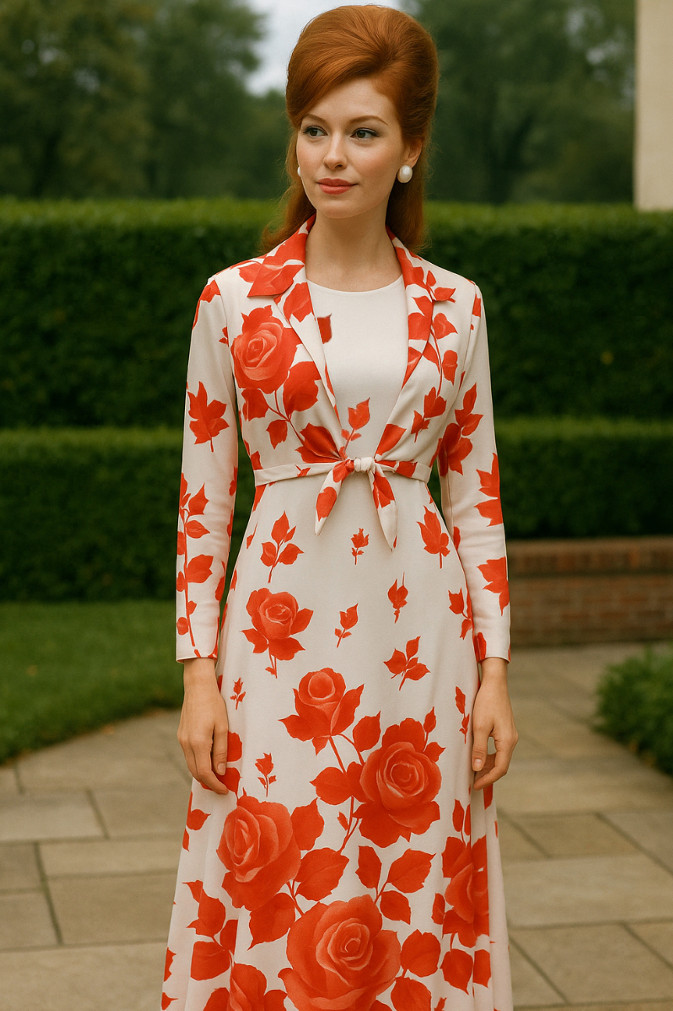 Vintage Pop Art White Polyester Gown with Red Roses – 2-Piece Ensemble – Sz S