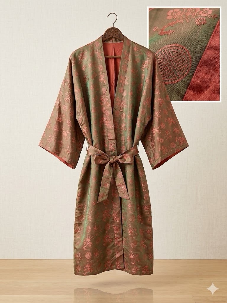 Vintage Iridescent Brocade Robe Asian Bamboo Floral Copper Green Shiny Silky