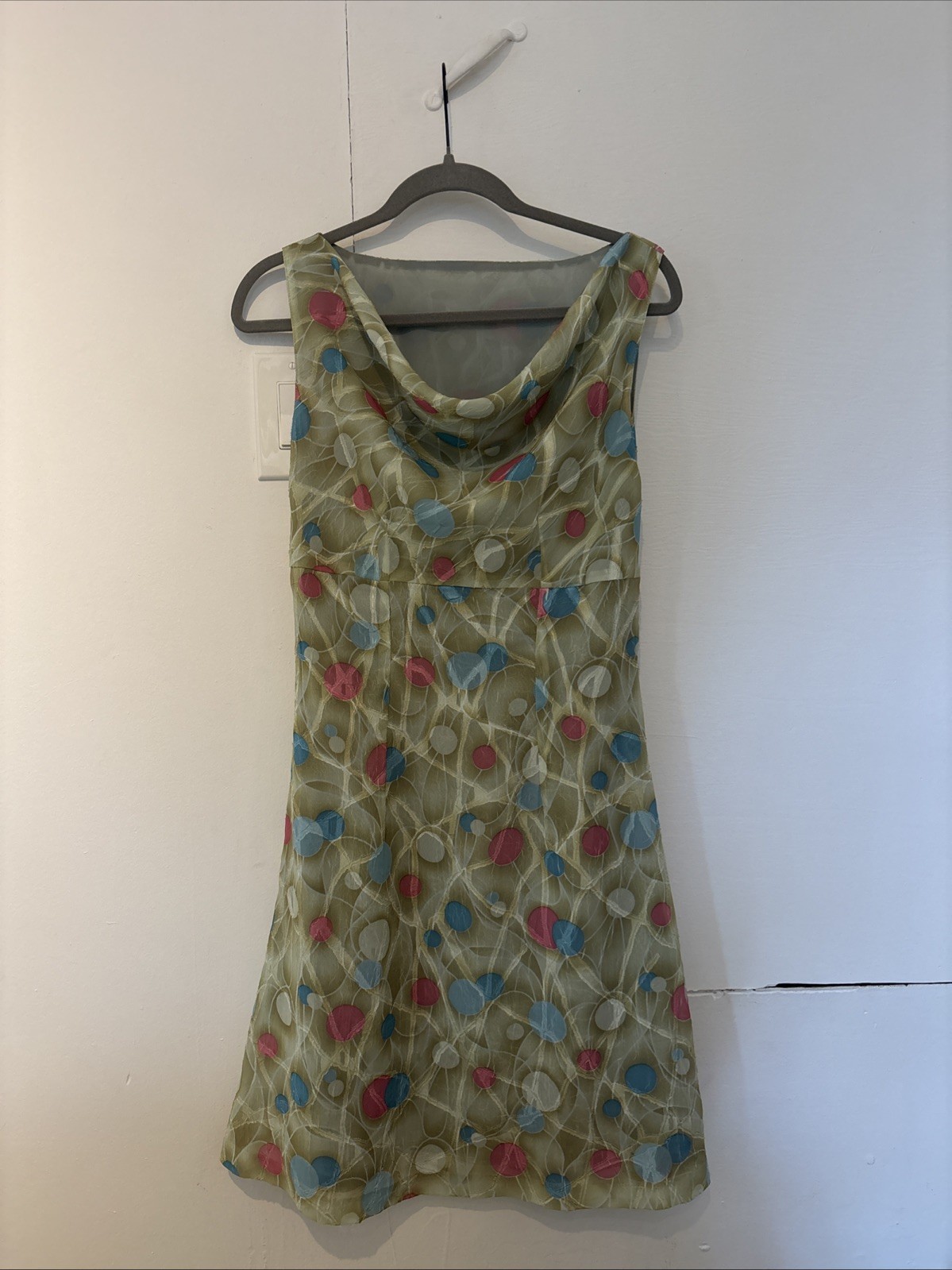 Vintage 90s Polka Dot Print Sheet Overlay Cowl Neck Sleeveless Dress SZ S