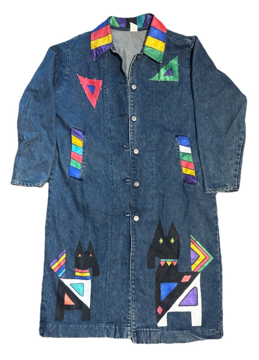 vintage 90s denim duster coat made In USA custom geometric embellishments Size M