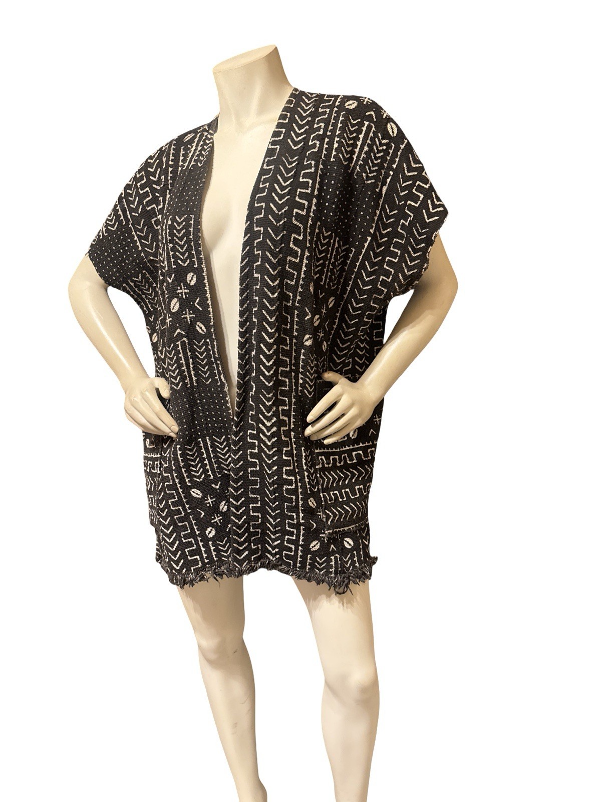 Mud Cloth Vest Kimono Jacket Black & Beige Pockets Sash Unisex Adults Tribal