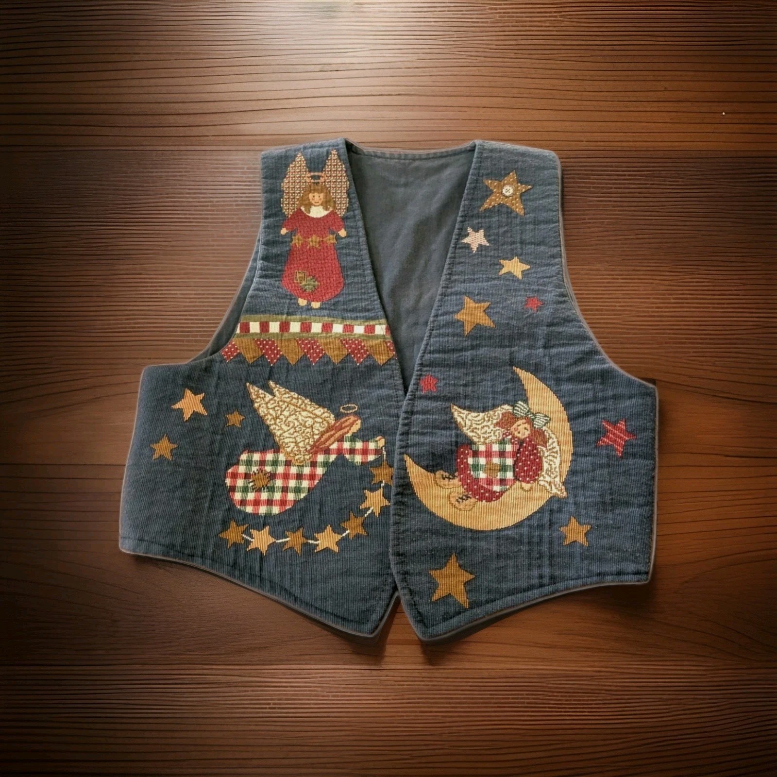 Vintage Vest Size L 90s Denim Blue Patchwork Christmas Angels Toggle Buttons