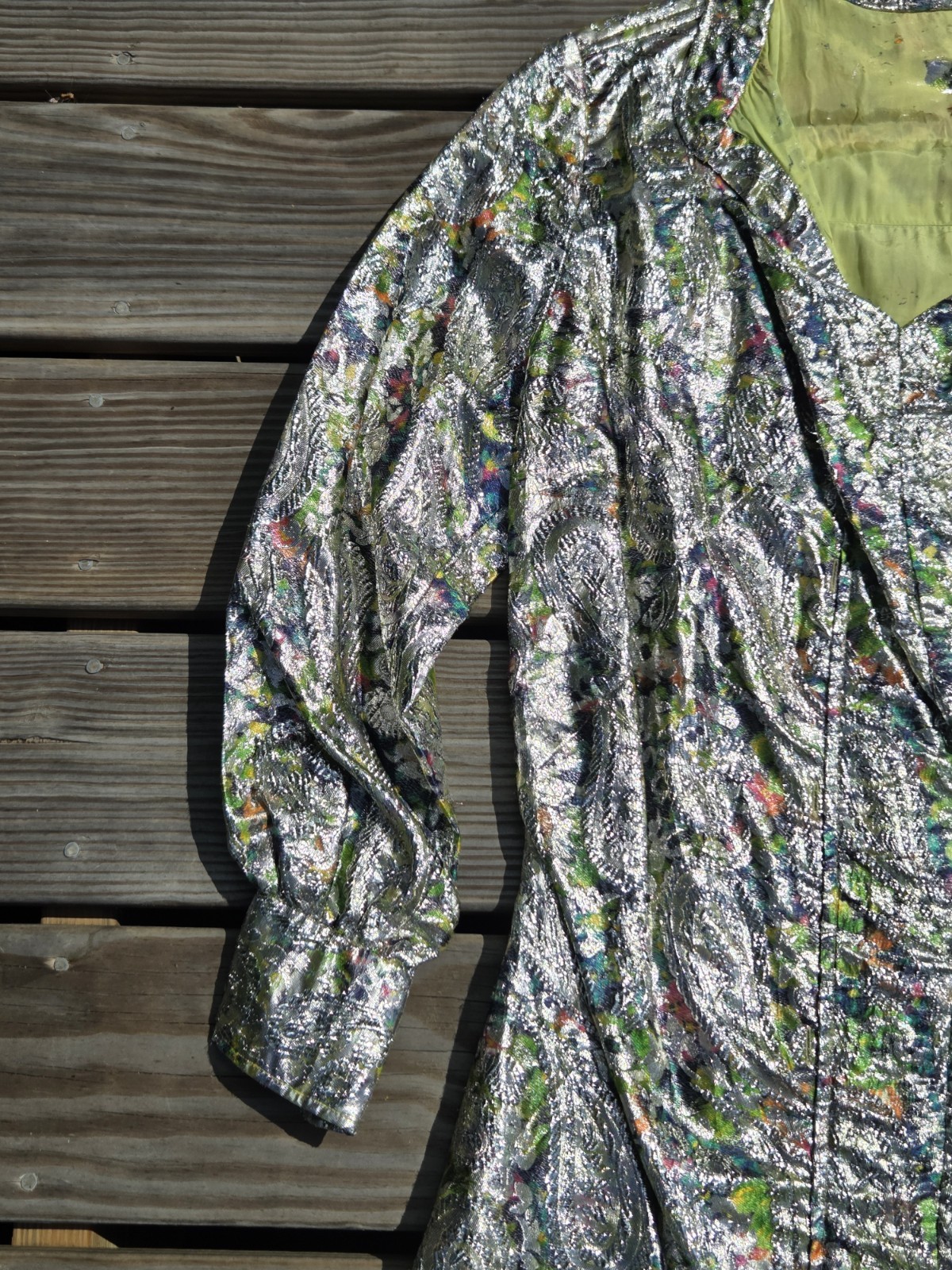 Vintage 1950 Silver Metallic Brocade Opera Coat Paisley Floral Lame Jacket As Is