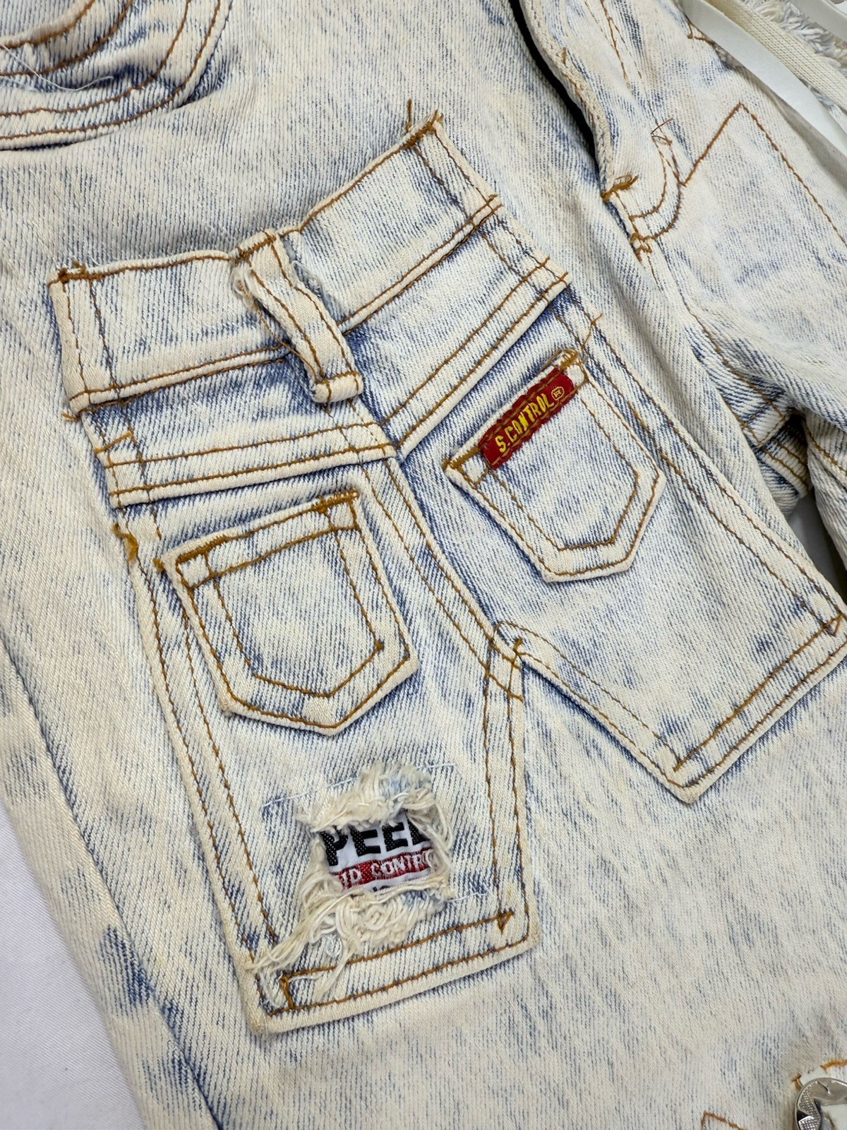 Vintage 90s Acid Stonewashed Jeans Speed Denim Sz 3/4 Frayed Patch Stretch 80s