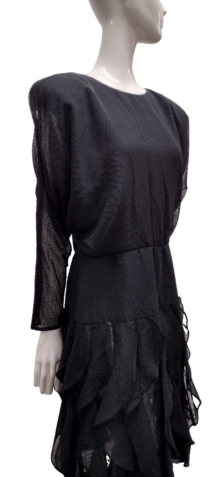 1980s Batwing Sheer Chiffon Dress Black Flapper Scallop 80s Dolman Sleeves M/L