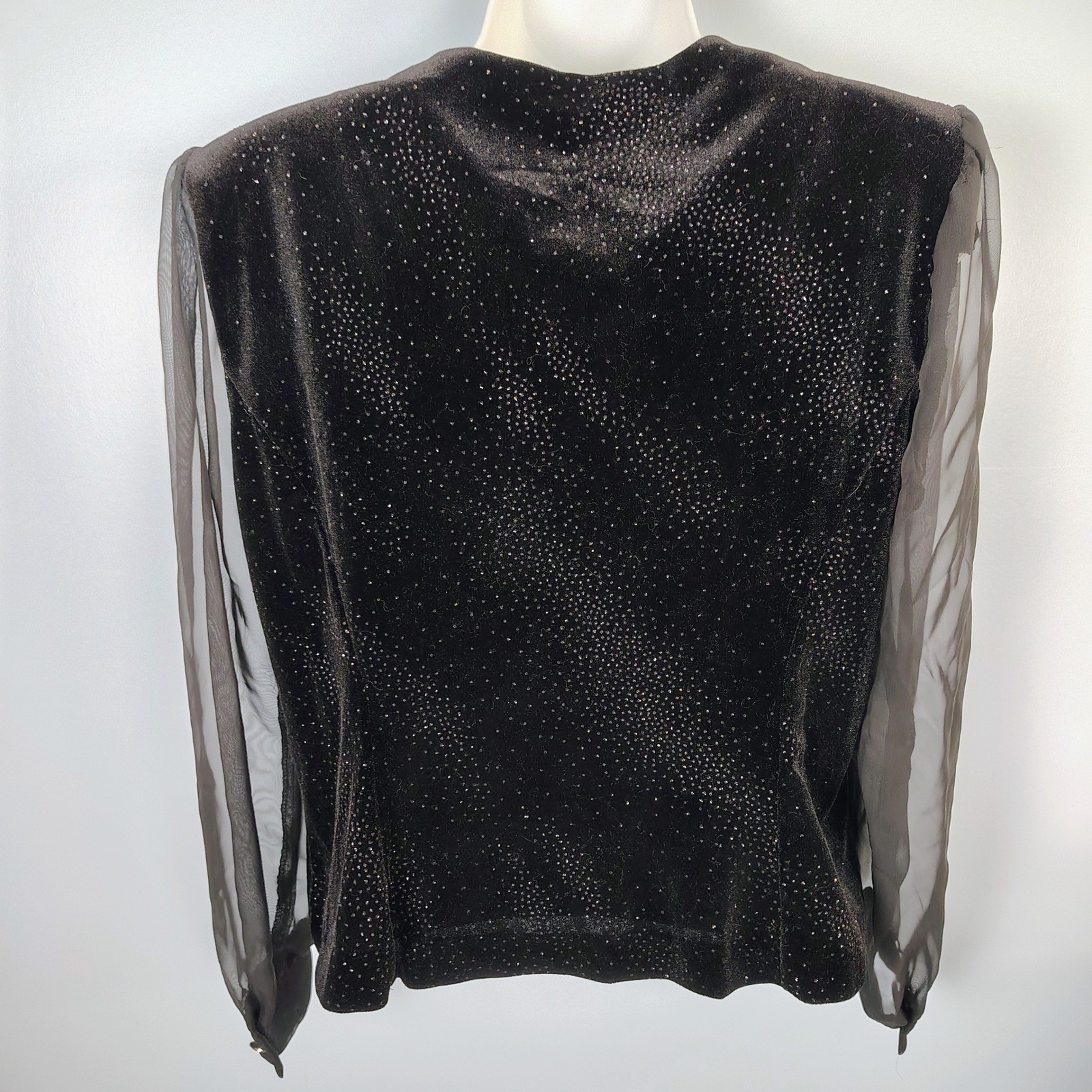 Another Thyme Vintage Black Velvet Sheer Sleeve Glitter Evening Blouse Top