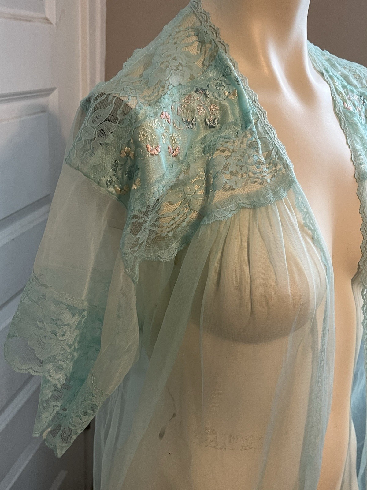 Vintage Stardust Sheer Aqua Blue Lace Robe Nylon Open Front 60” Small S