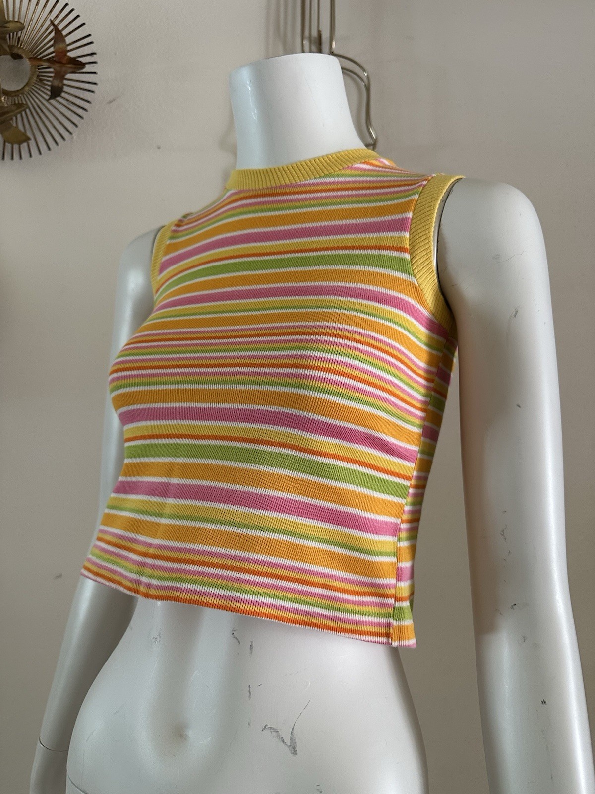 1960s 70s Stripe Knit Crop Tank Top Mod Resort Sportswear Surf Pink XS S VTG