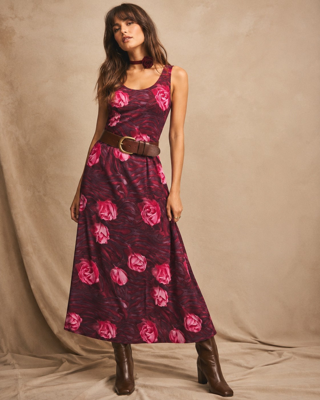 VTG 90s Artsy Boho Romantic Burgundy Abstract Rose Midi Dress Expressions Sz 10