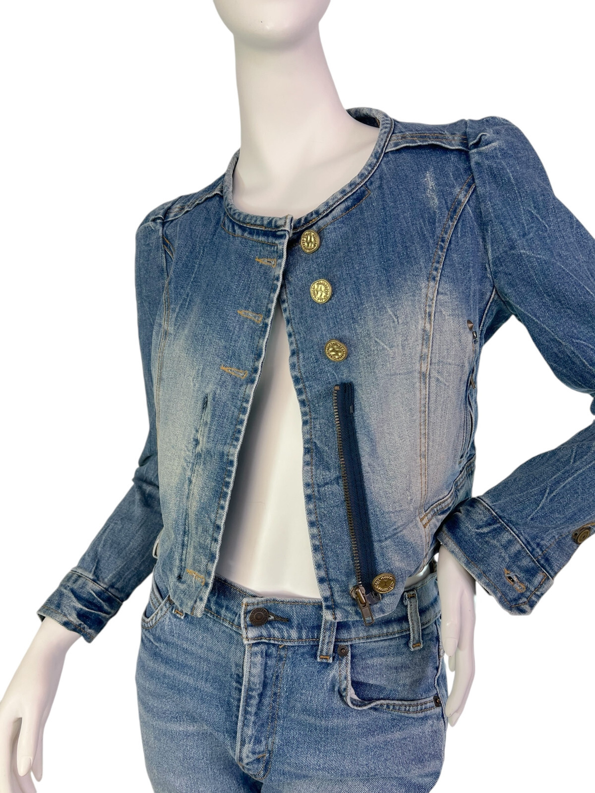 Vintage Acid Wash Blue Denim Cropped Jacket Princess Sleeve Made in Korea Sz XS