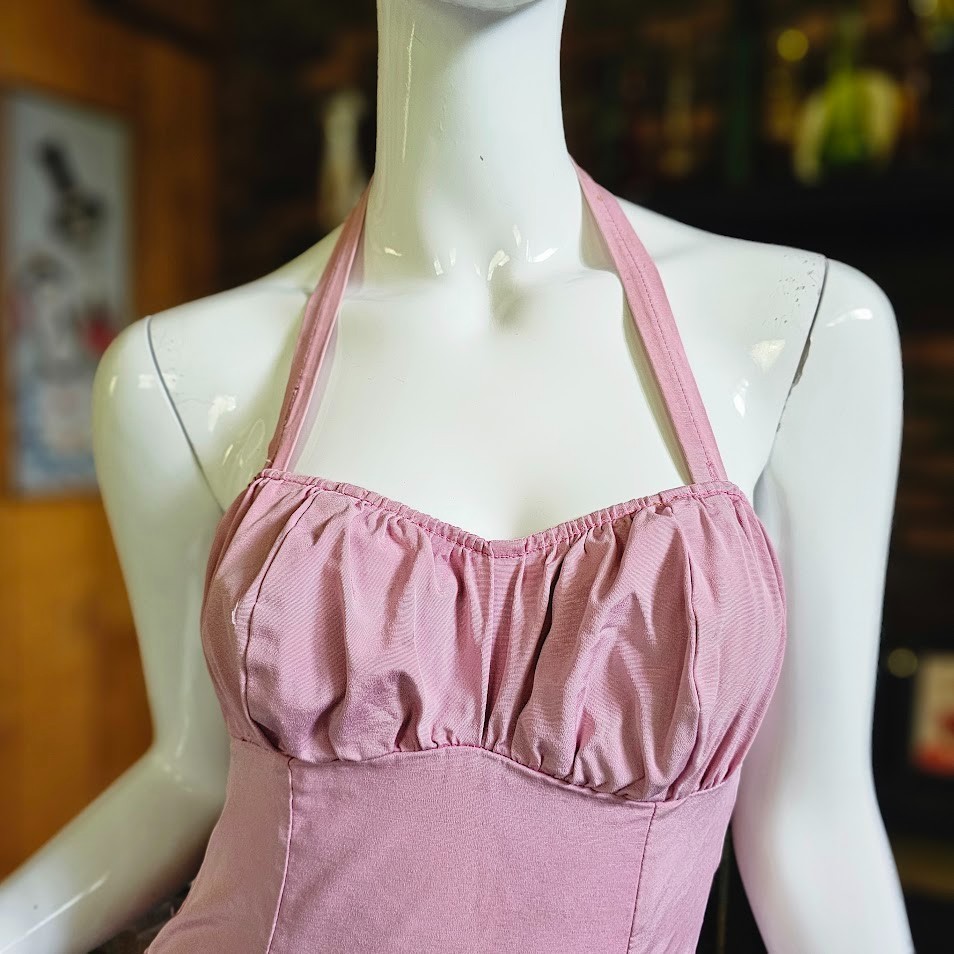 Vtg 50s Pink Ruched Sea Nymph Bombshell Halter Swim Bathing Glamour Suit XS/S