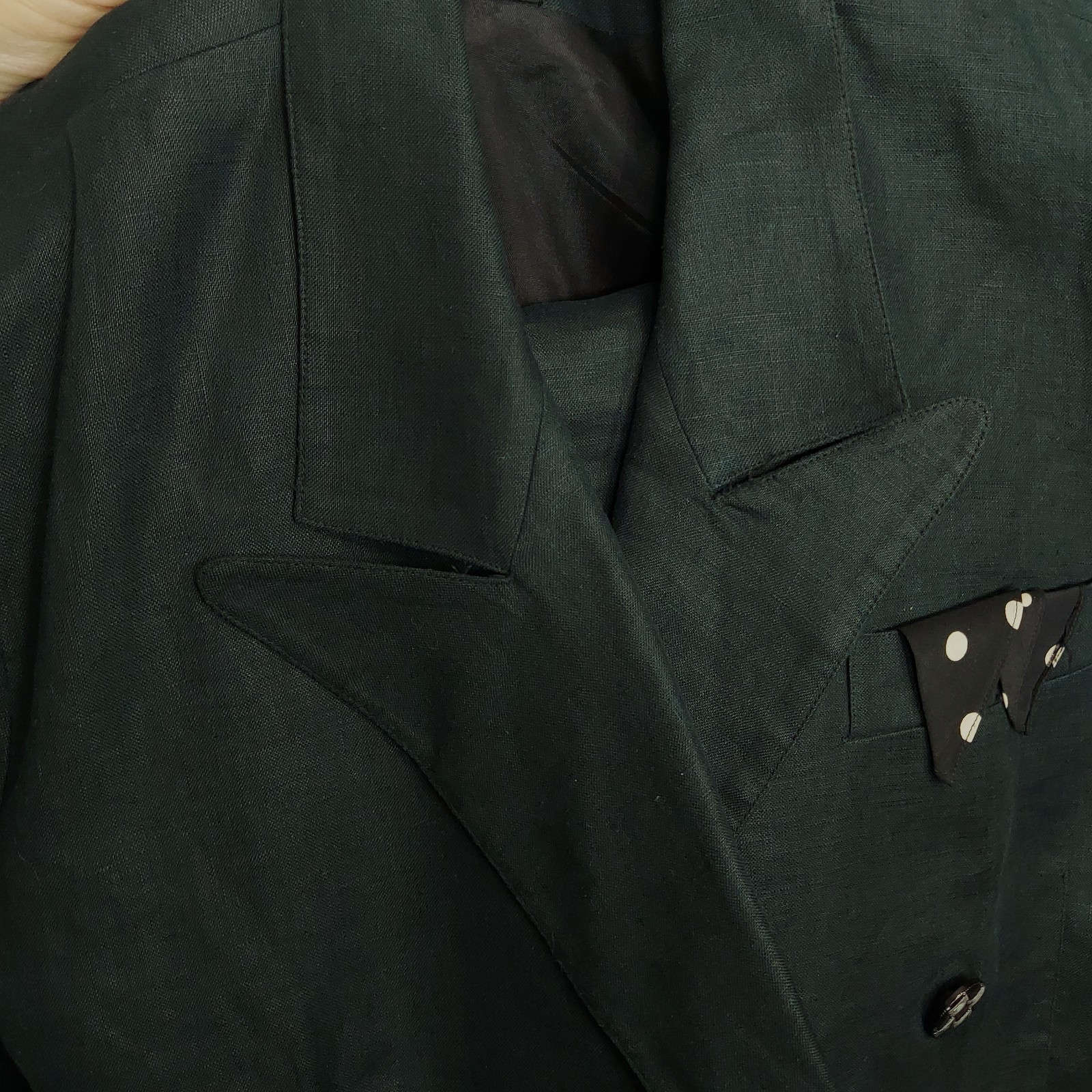 Linen Suit Double Breasted Jacket Blazer Pencil Skirt Off Black Green Vintage