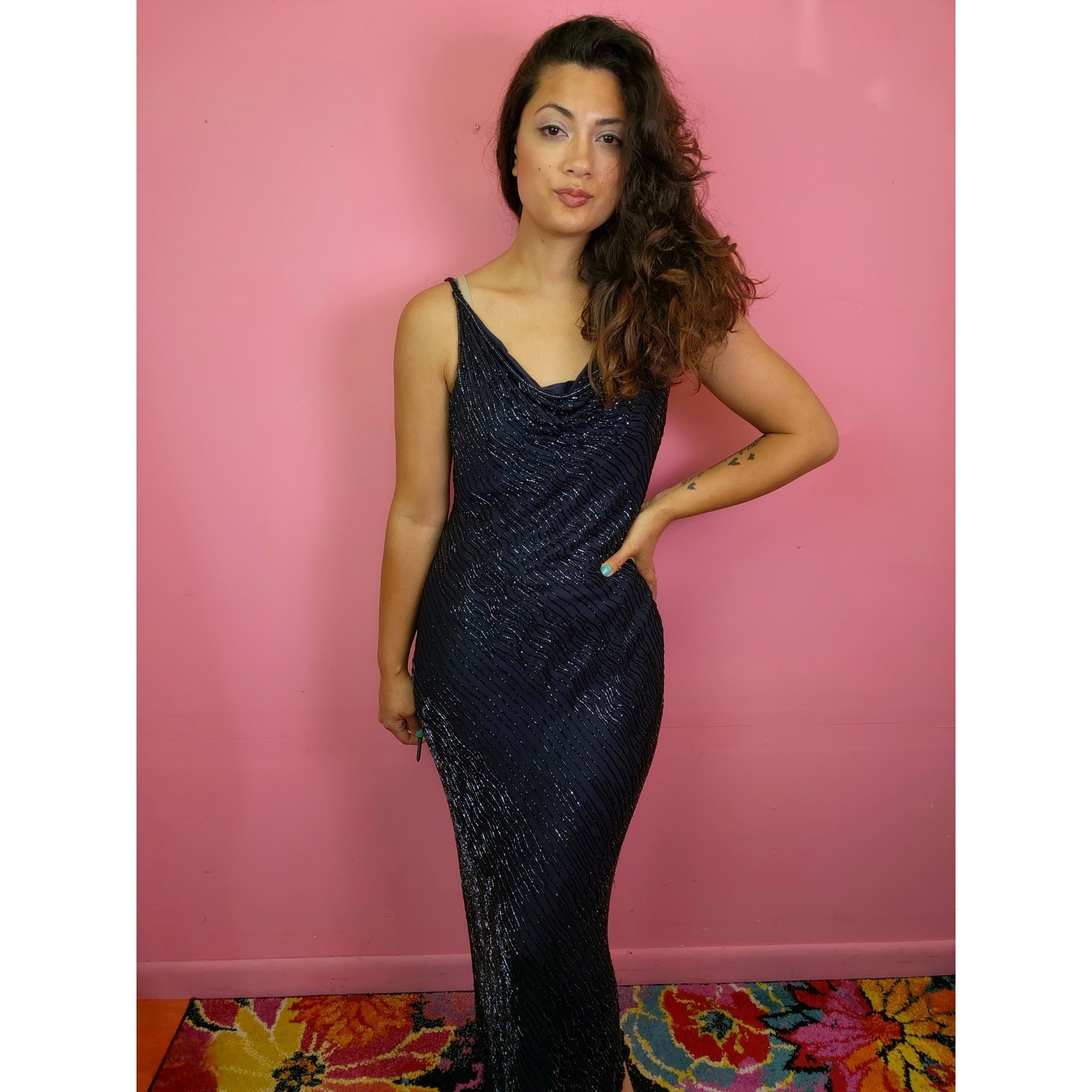 Vintage 1990&rsquo;s Silk Midnight Blue Beaded Cowl Neck Prom Dress Evening Gown