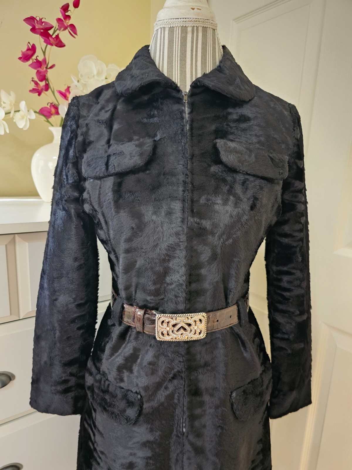 VTG 1960s Adele Simpson Womens Black Crushed Velvet Half Zip Coat Dress Sz. M