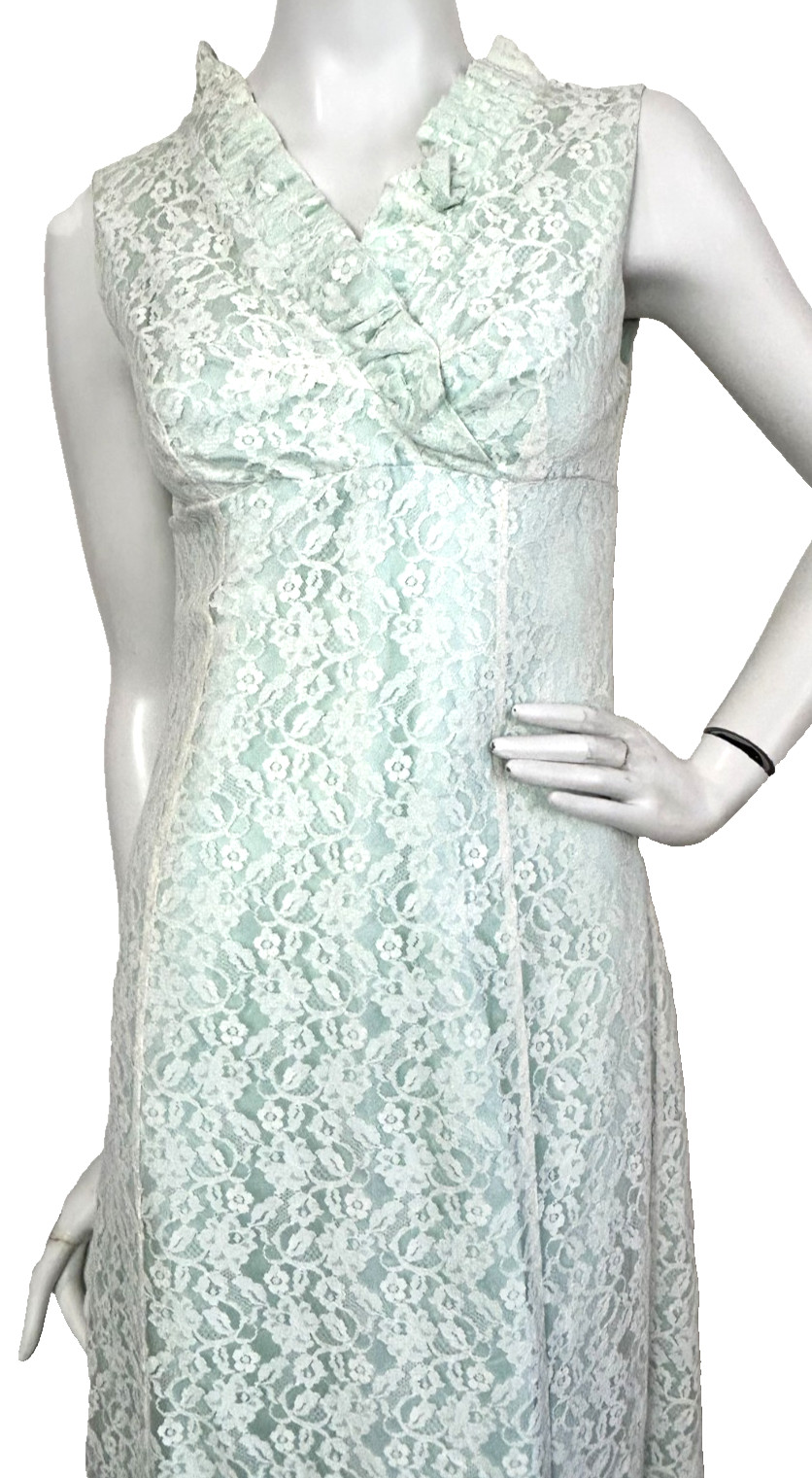 50s Lace Column Dress Size S Aqua Ruffle Sleeveless Lined Ruffle Empire Vintage