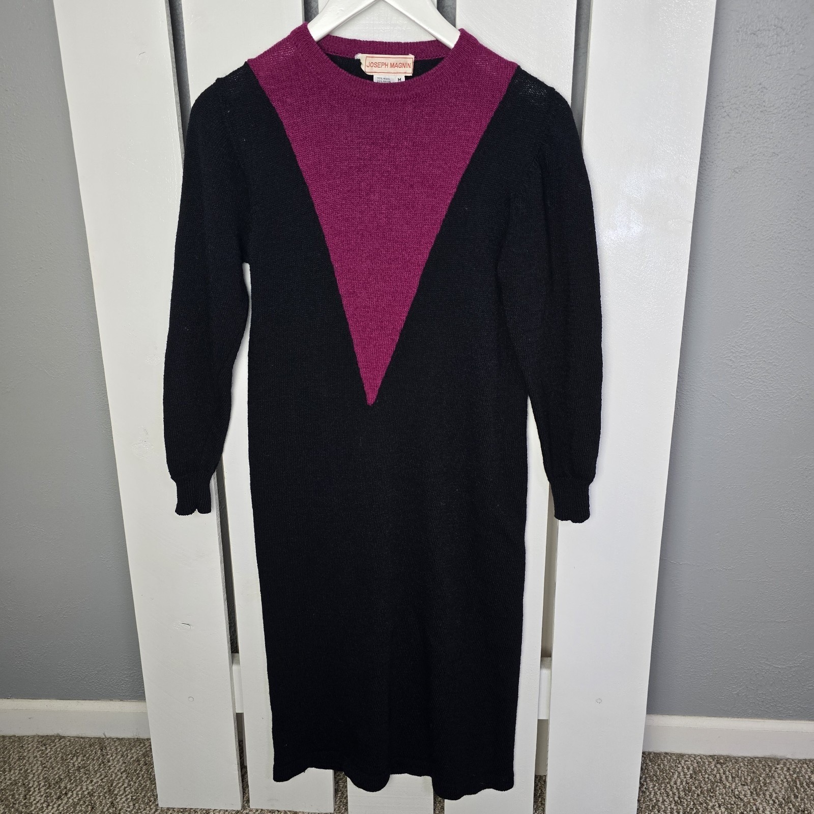 Joseph Magnin VTG Wool Blend Sweater Dress Med Black Purple Whimsigoth Rock Glam