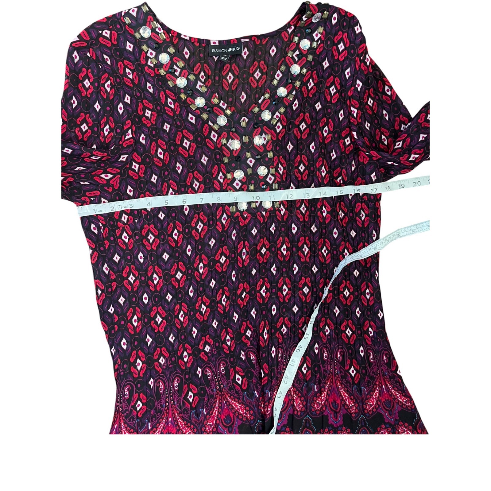 Fashion Bug Rhinestone Embellished Pleated Tunic V-Neck Top Size XL