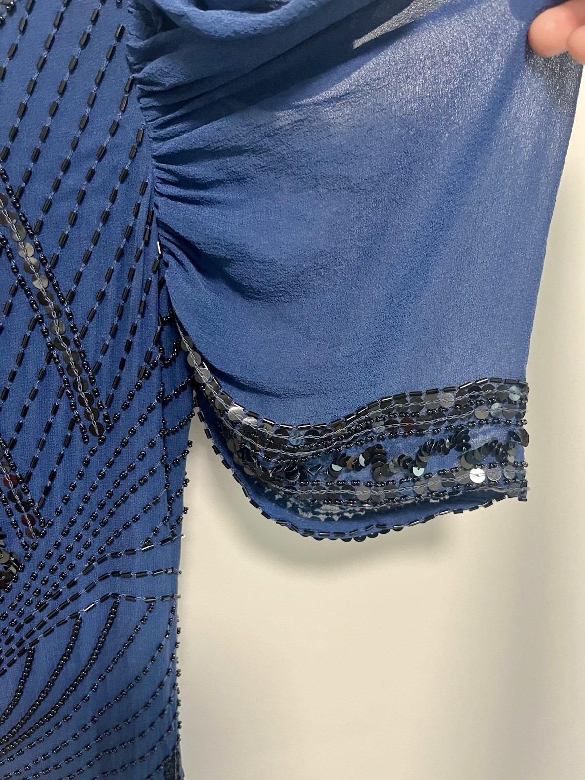 Vintage 1920s Style Silk Flapper Dress Beaded Sequin Gatsby Party Blue XS UK 8