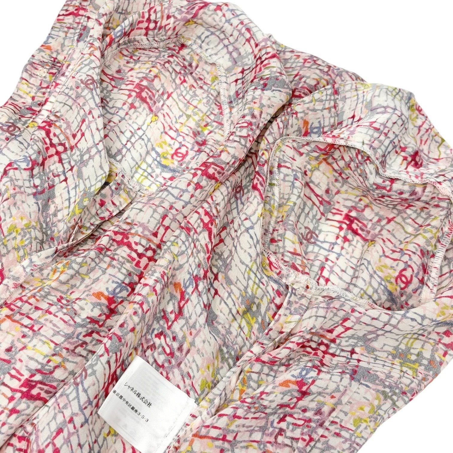 CHANEL Vintage 05C CC Tweed Print Shirt Blouse Top #34 Multicolor Silk 901994