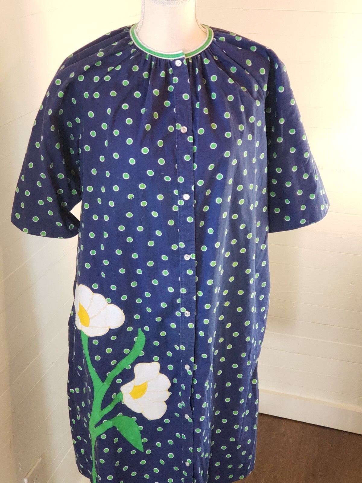 Vintage MODELS COAT Blue MultiColor Floral Snap Duster House Coat Pockets Med Lg
