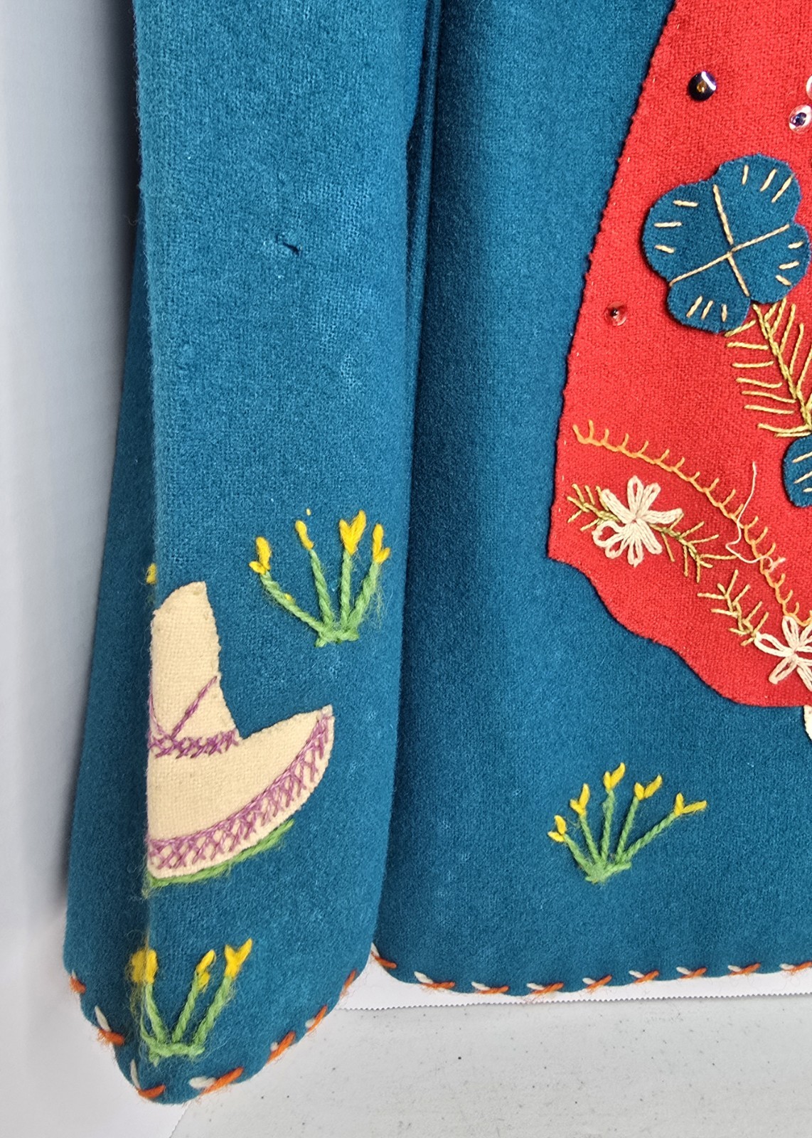 Vintage Mid-Century Lopez Mexican Wool Embroidered Souvenir Jacket – Teal As-Is