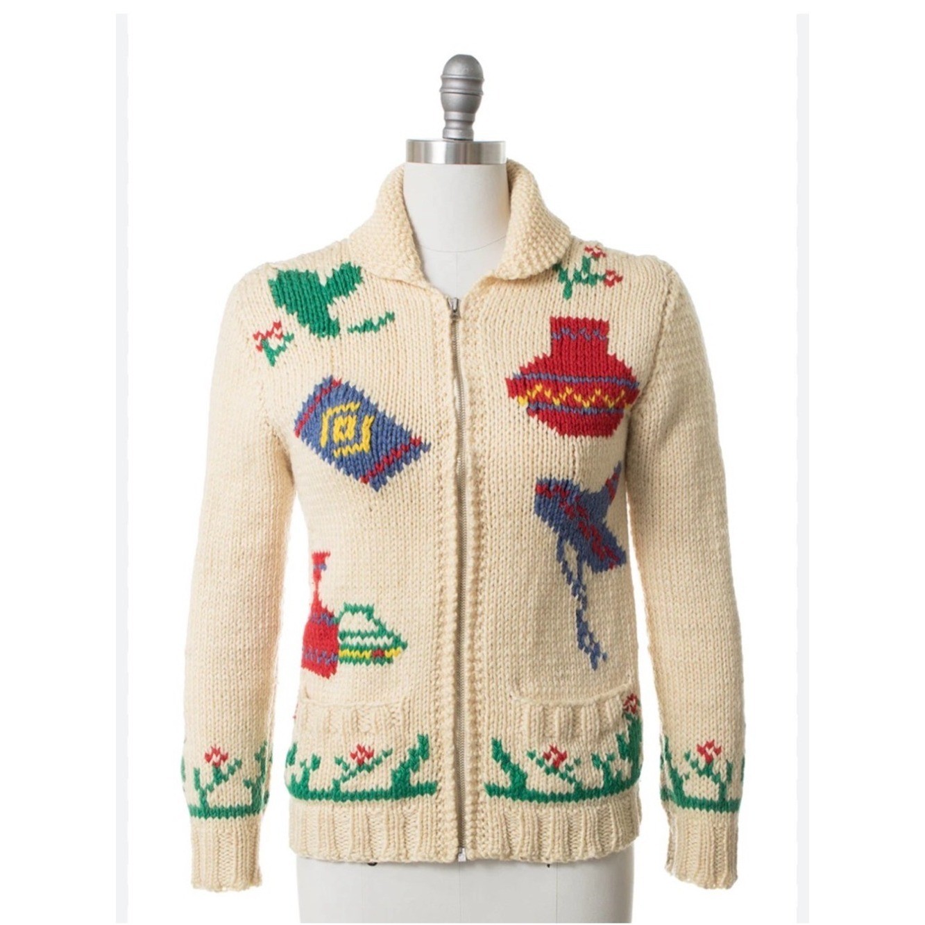 Hand knitted 1950&rsquo;s vintage wool cowichan Mexican cactus burrow metal zip cardi